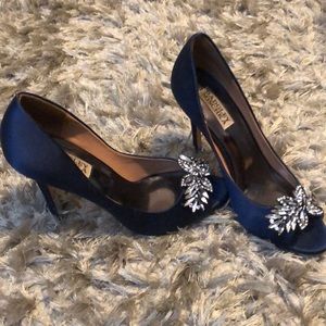 Badgley Mischka Navy Jeweled Peep Toe Heels